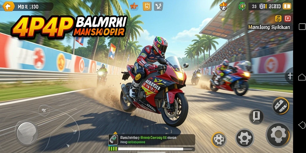Screenshot gameplay 4P4P menampilkan balapan motor yang mendebarkan.