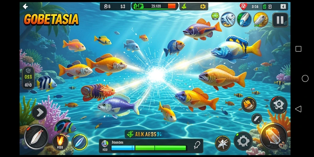 Gameplay seru GOBETASIA dengan beragam ikan menari di layar.