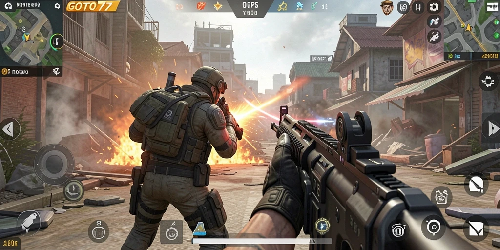 Tampilan gameplay GOTO77 yang penuh aksi di medan tempur.