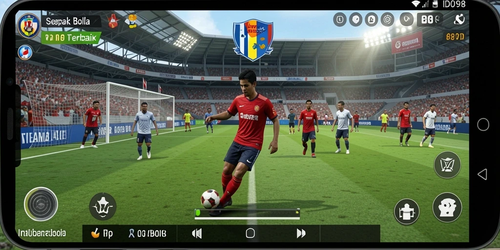 Screenshot gameplay ID098 menampilkan aksi seru di lapangan sepak bola.