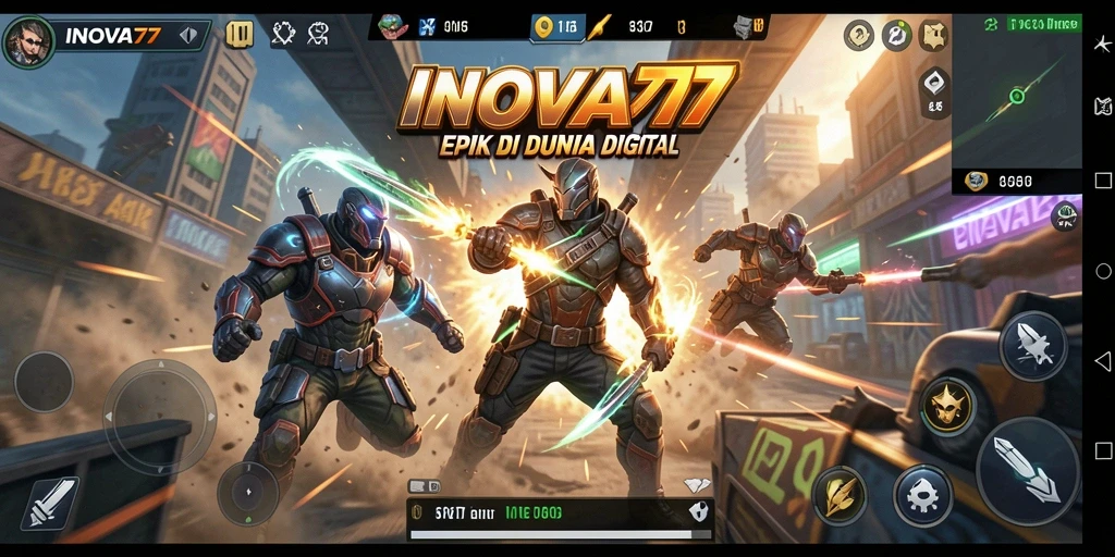 Tampilan screenshot utama INOVA77 menampilkan aksi mendebarkan dalam pertempuran.