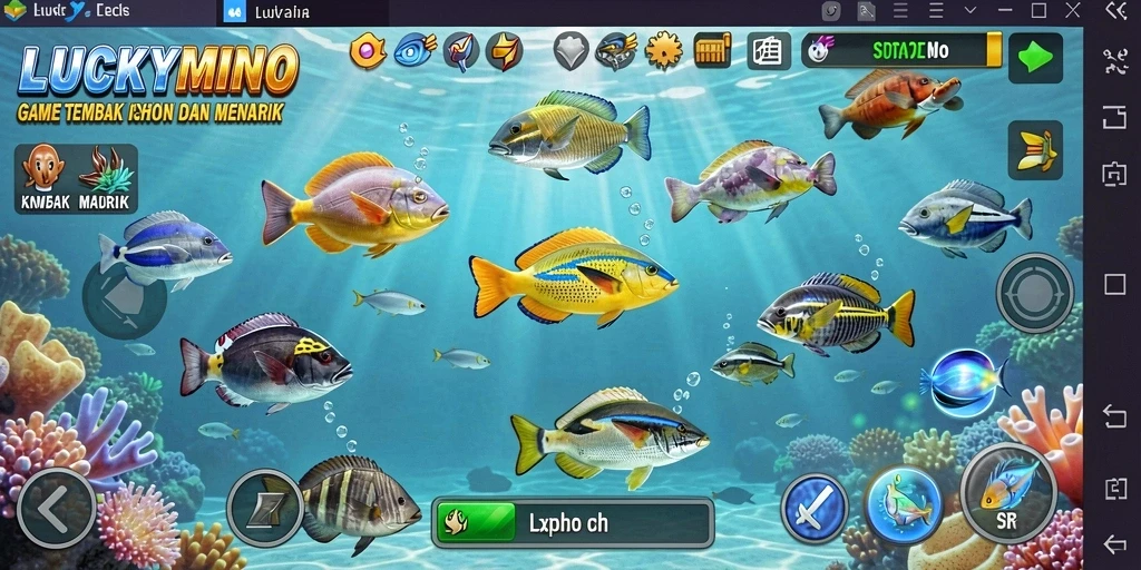 Gameplay LUCKYMINO yang seru saat menembak ikan di bawah laut.