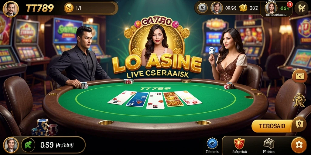 Screenshot gameplay Live Casino yang menampilkan dealer langsung dan pemain yang aktif.